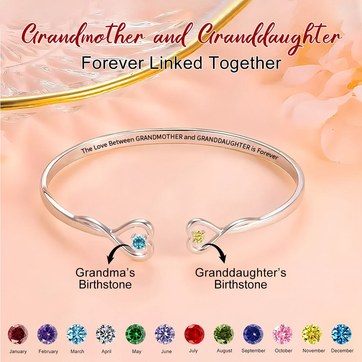 Personalized Double Birthstone Heart Adjustable Bangle with Engraved Text - Birthday Mother's Day Gift for Grandma Granddaughter