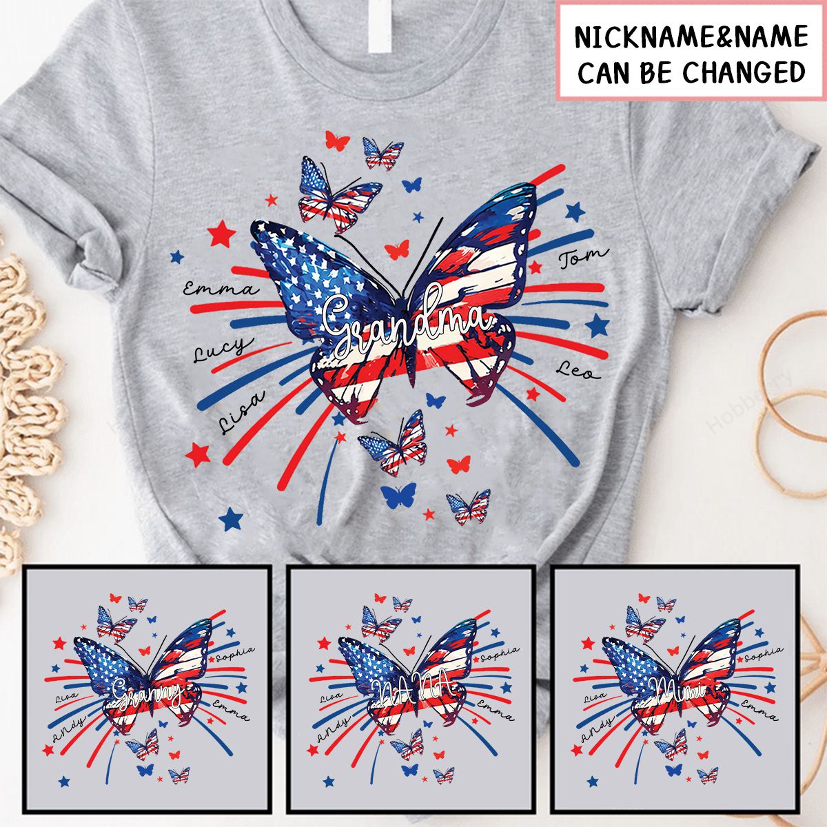 Mimi Butterfly Flag Star And Grandkids 4th Of July Personalized Shirt