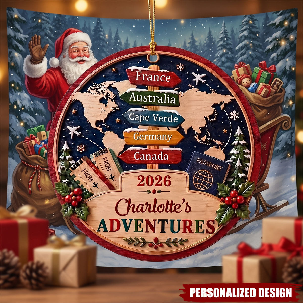 Custom Adventures Wooden Christmas Ornament - Personalized World Traveler Vacation Keepsake