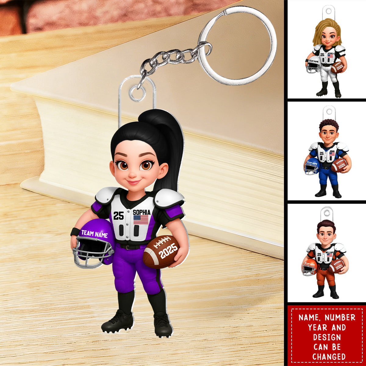 3D Effect Proud American Football Player - Personalized Keychain