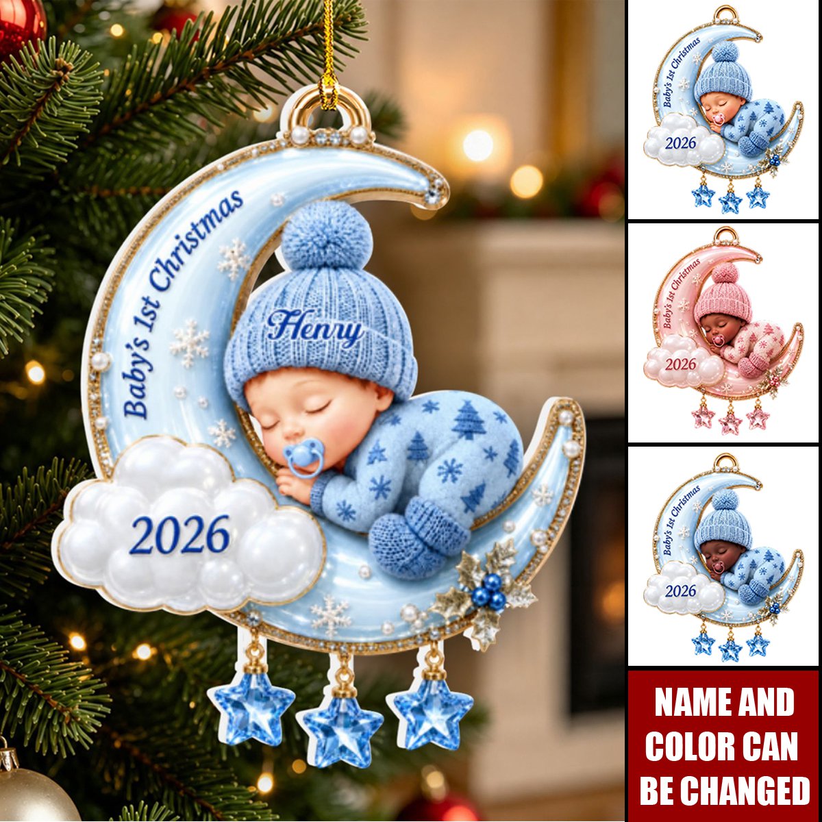 Personalized Sleeping Baby Crescent Moon Acrylic Ornament - Gift For New Parents, Baby Shower, Baby First Christmas