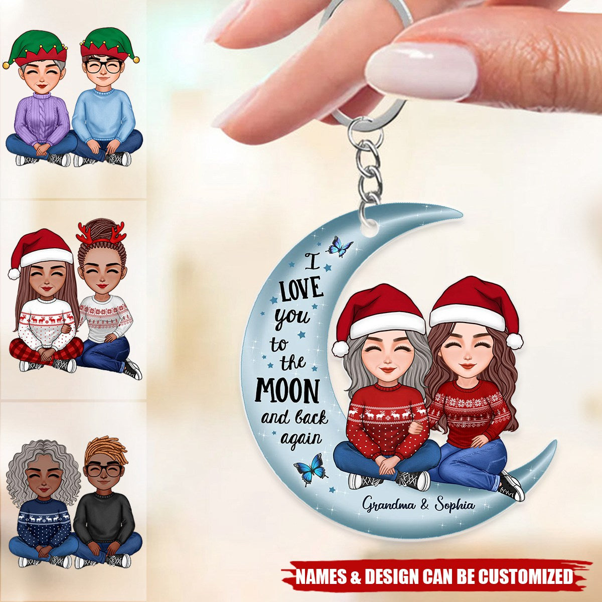 Cute Grandma & Teenage Grandkid Granddaughter Grandson On Moon Personalized Acrylic Keychain