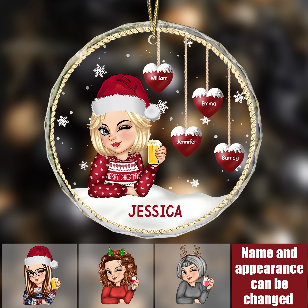 Snowman Grandma Mom - Personalized Circle Glass Ornament