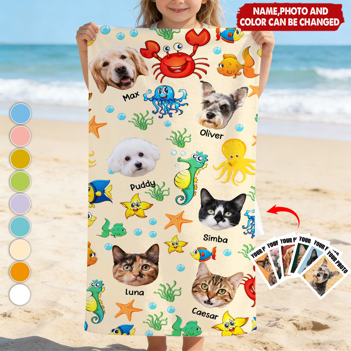 Cute Pets & Watercolor Sea Creatures - Personalized Photo Beach Towel