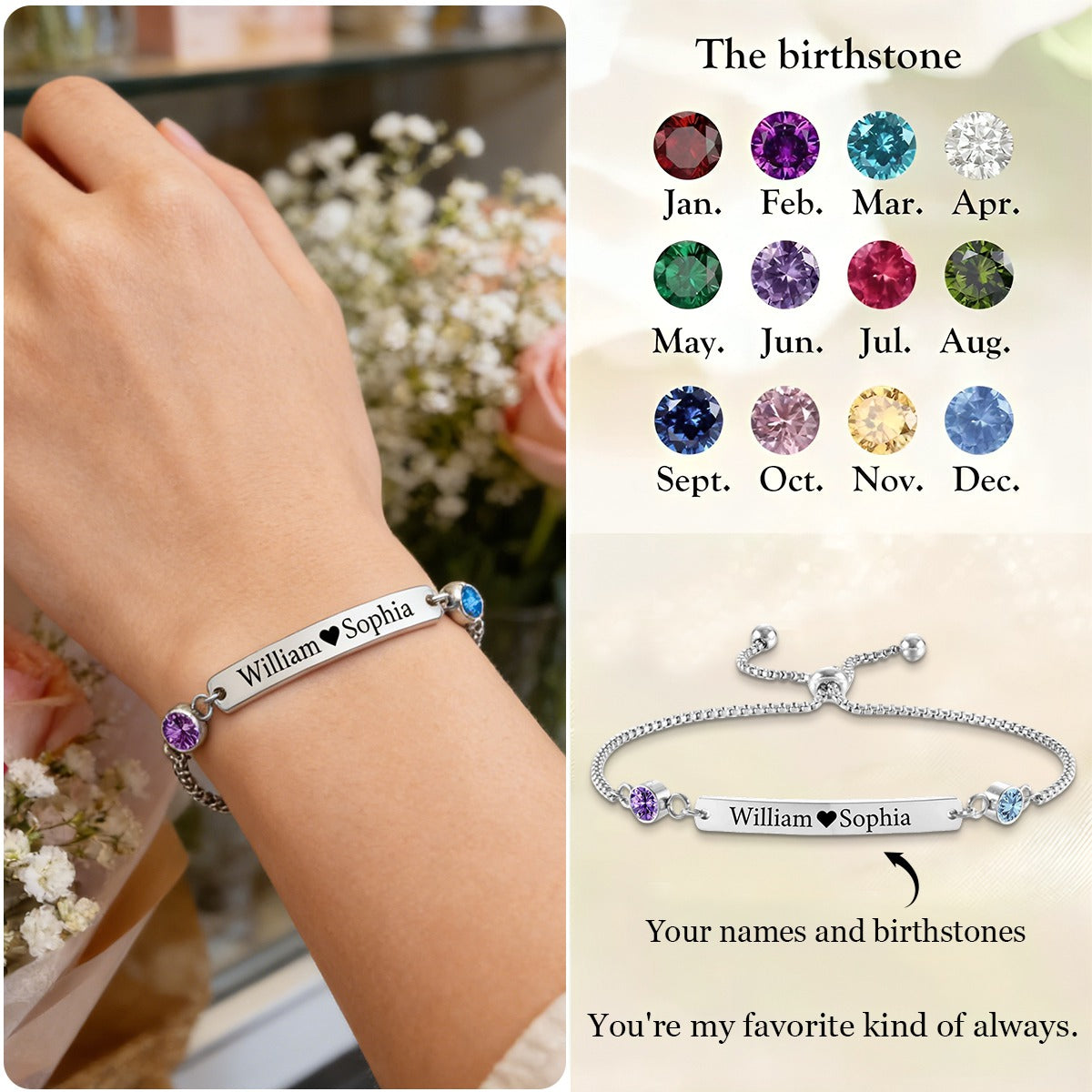 Personalized Couple Forever Linked Together Custom Birthstones Bracelet