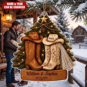 First Christmas Ornament For Newlyweds—Shaped Like A Western Cowboy Boot With The Wedding Date