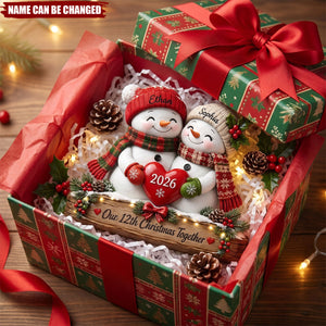 Personalized Couple Snowman Wooden Block: Custom Anniversary Winter Holiday Tabletop Decor Sign