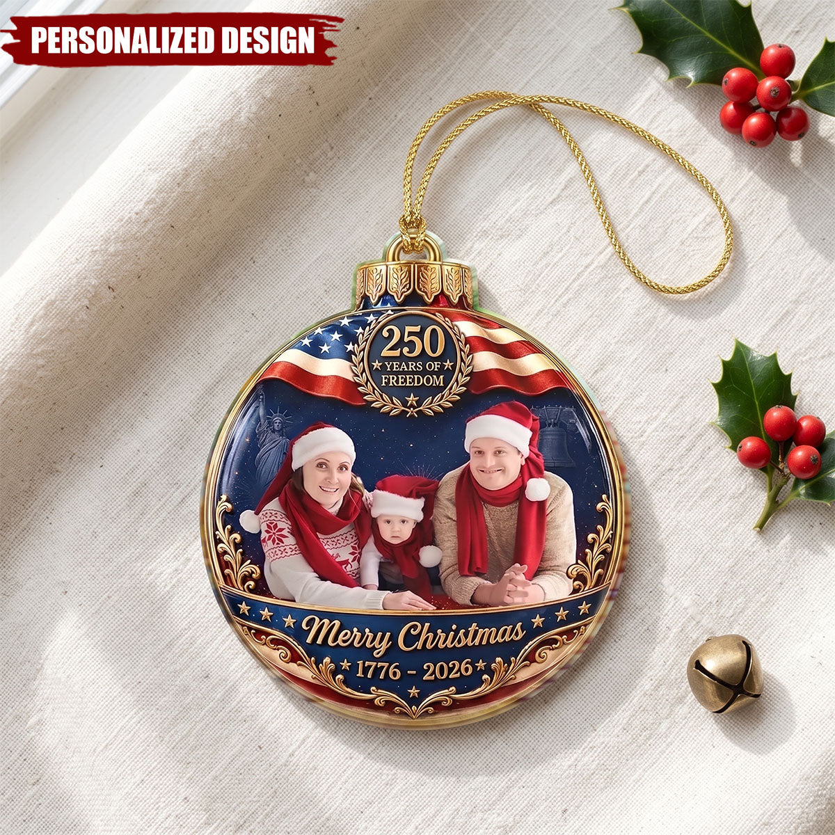 Custom Photo Family Merry Christmas 250 Years Of Freedom - Personalized Custom Shaped Acrylic Ornament