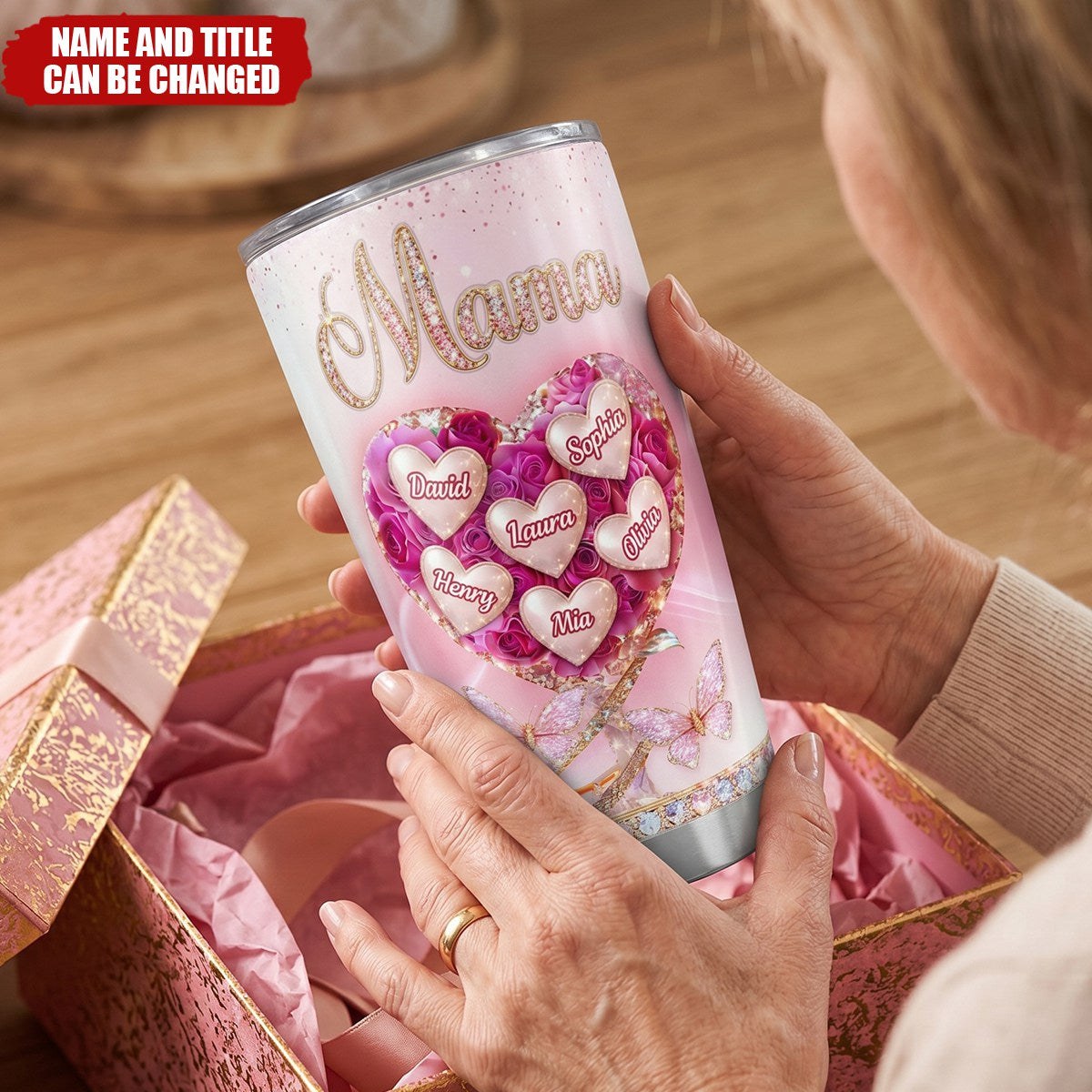 Heart Rose Flower Grandkids - Personalized Stainless Steel Tumbler