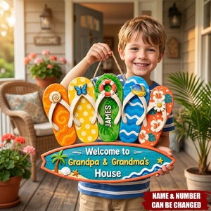 Wooden Sign With Sunny Flip Flops, Welcome To Grandma & Grandpa's House
