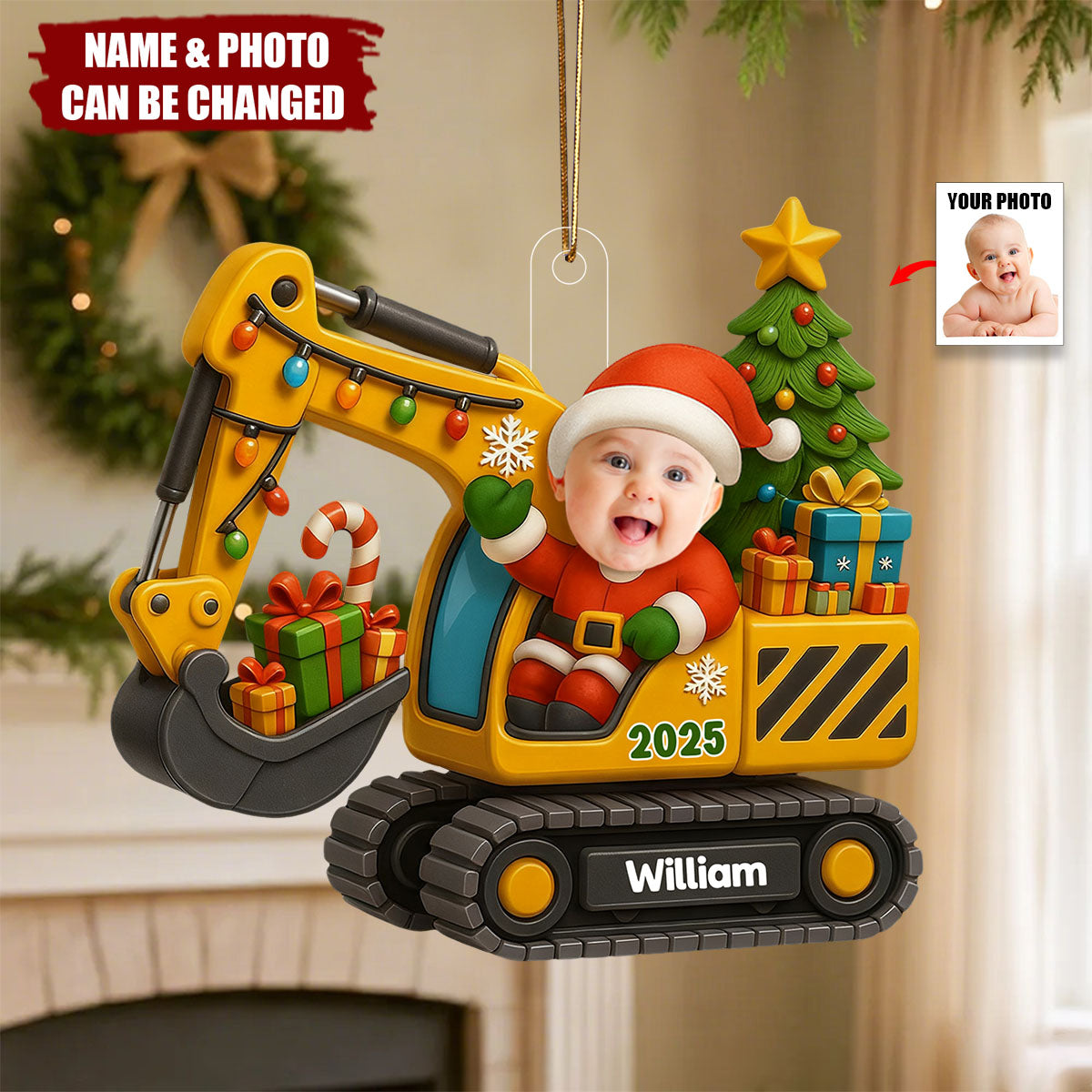Baby On Excavator - Personalized Custom Acrylic Ornament