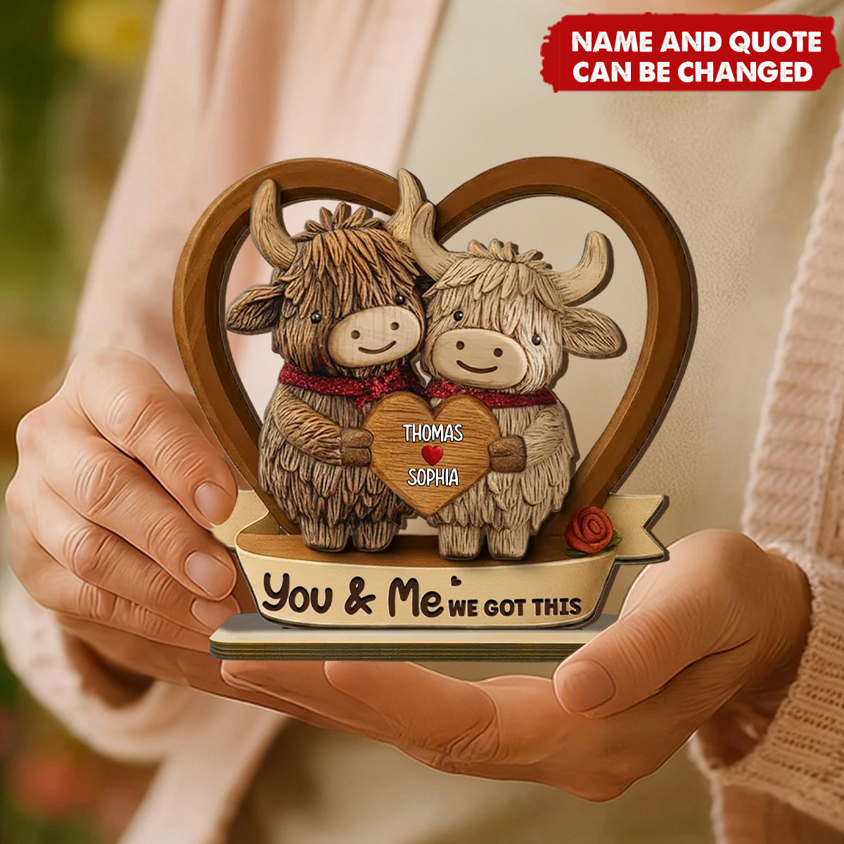 3D Effect Highland Cows Couple Heart - Personalized 2-Layered Wooden Plaque - Anniversary, Valentine Gift For Him, Gift For Her