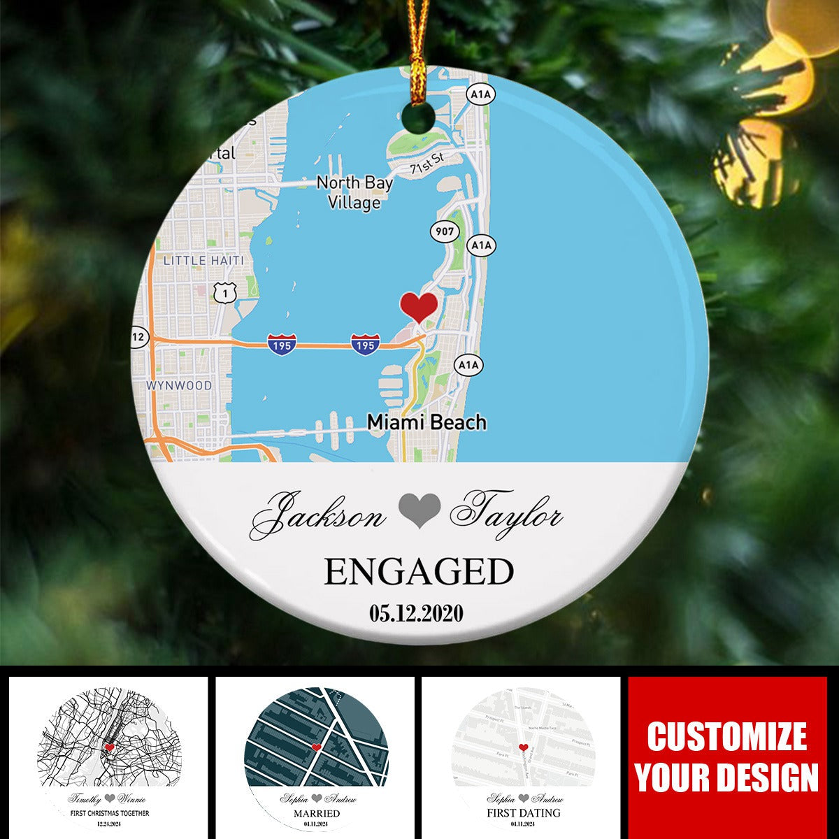 Engagement Custom Map Ceramic Ornament, Gift For Couple