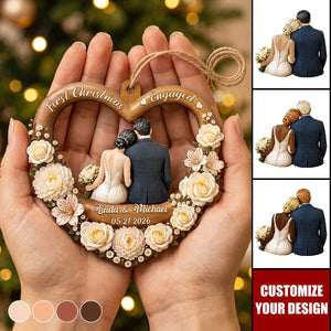 First Christmas Married Wooden Ornament, Seated Bride & Groom From Behind by a Glowing Tree, Creative Gift for Newlyweds