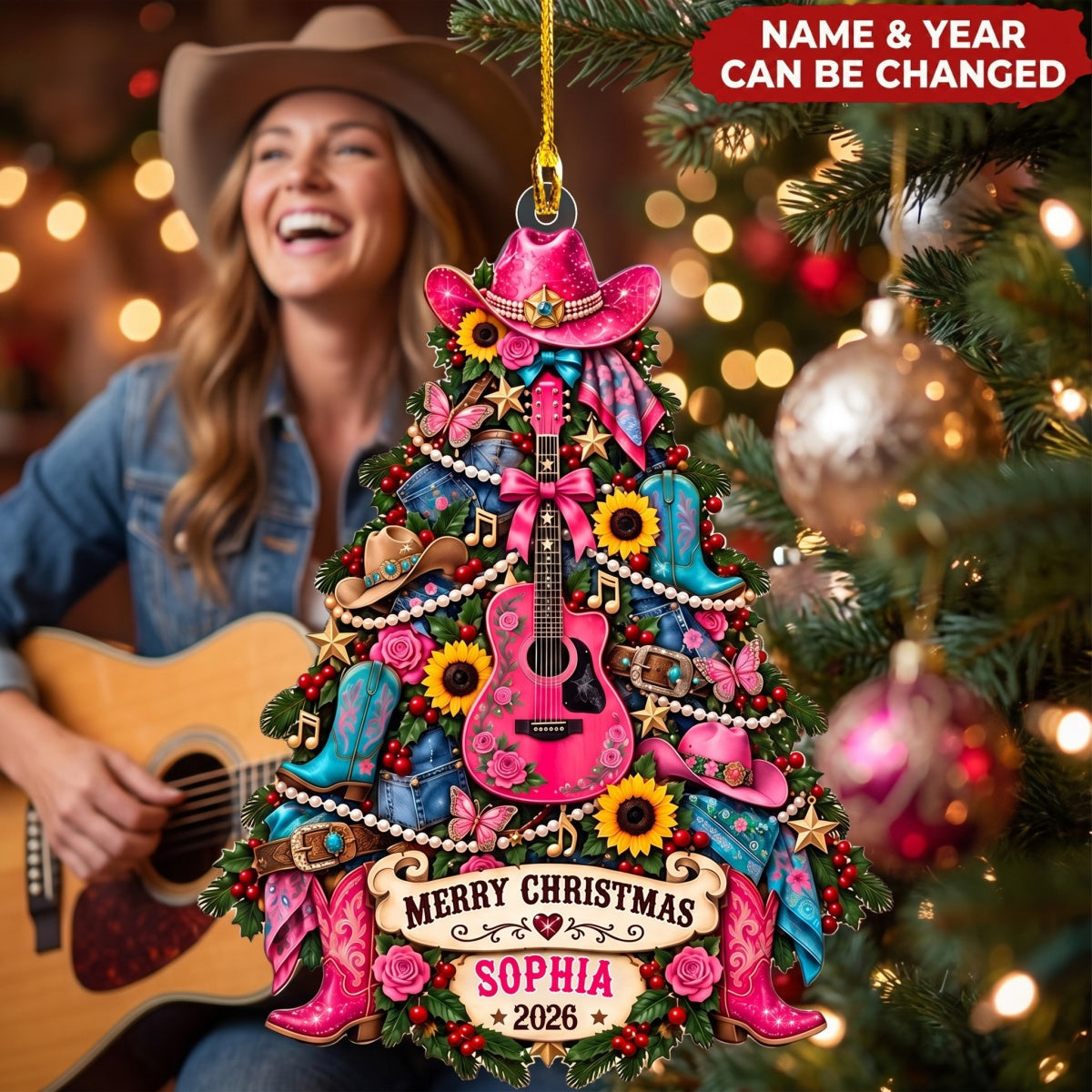 Cowgirl Guitar  – Personalized Acrylic Custom Shape Ornament, Gift for Country Music Lover