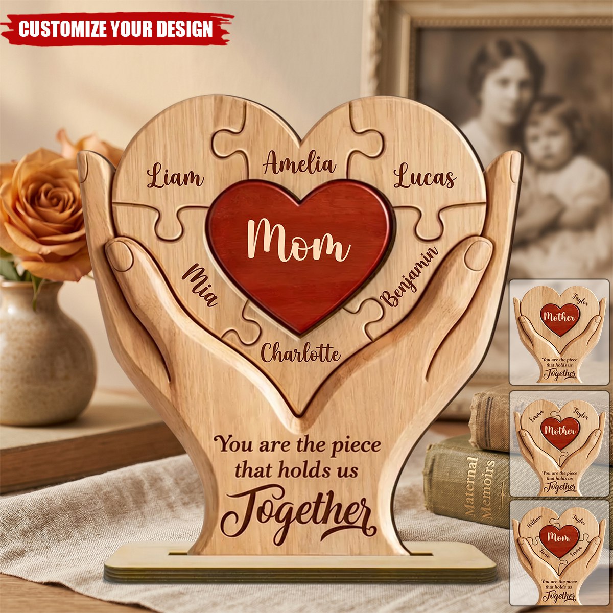 Mom The Piece That Holds Us Together - Personalized 2-Layered Wooden Plaque