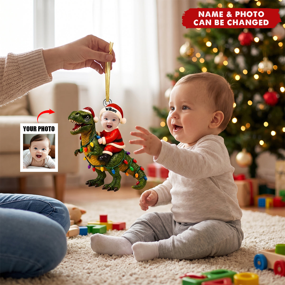 Baby Santa Riding Dinosaur - Personalized 3D Effect Acrylic Ornament
