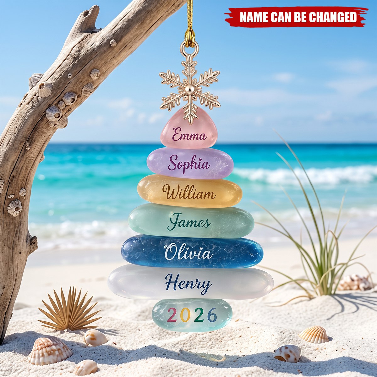 Personalized Sea Glass Tree Ornament, Coastal Family Christmas Keepsake, Custom Grandma Gift