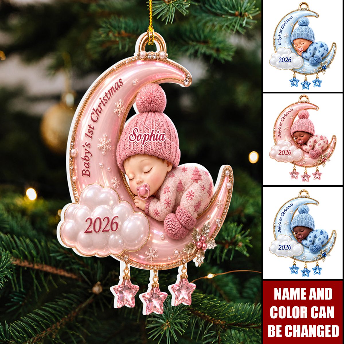 Personalized Sleeping Baby Crescent Moon Acrylic Ornament - Gift For New Parents, Baby Shower, Baby First Christmas