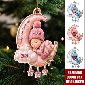 Personalized Sleeping Baby Crescent Moon Acrylic Ornament - Gift For New Parents, Baby Shower, Baby First Christmas