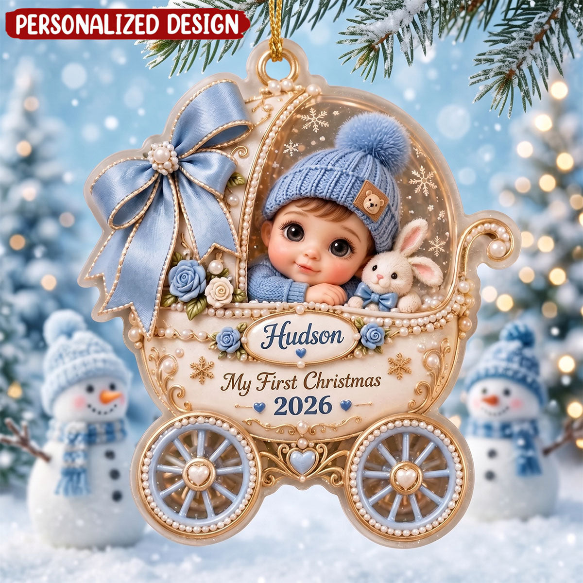 Personalized Baby First Christmas Ornament, Custom Name Baby Carriage Keepsake