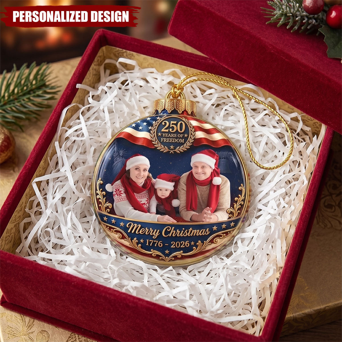Custom Photo Family Merry Christmas 250 Years Of Freedom - Personalized Custom Shaped Acrylic Ornament