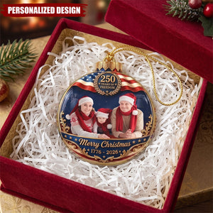 Custom Photo Family Merry Christmas 250 Years Of Freedom - Personalized Custom Shaped Acrylic Ornament