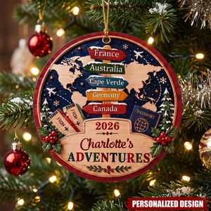 Custom Adventures Wooden Christmas Ornament - Personalized World Traveler Vacation Keepsake