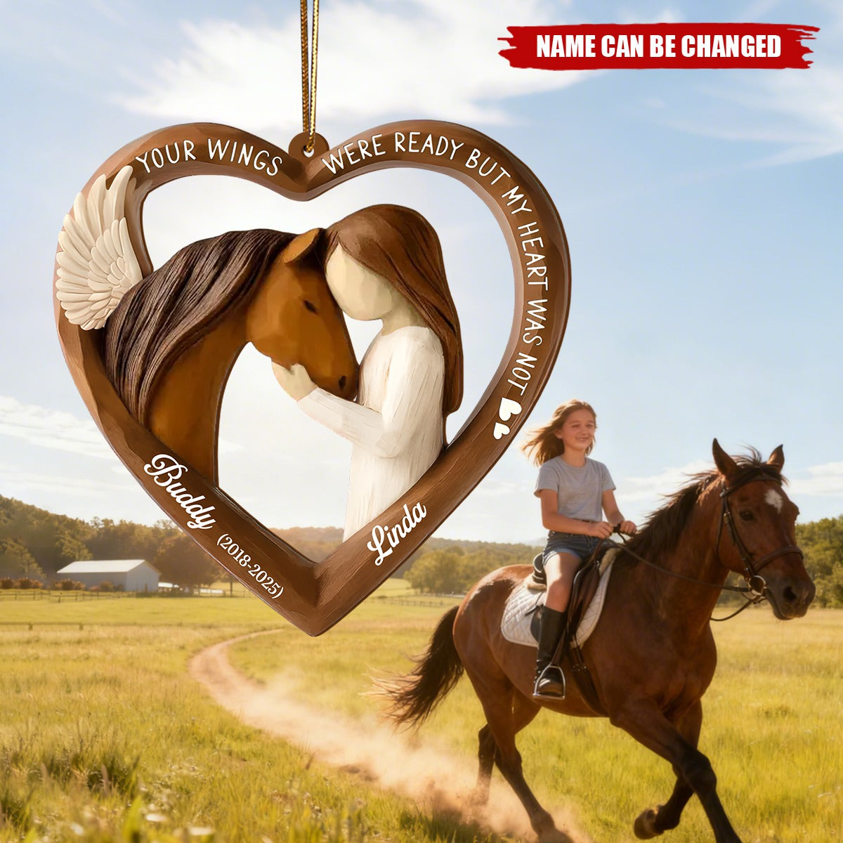 Personalized Horse Girl Memorial Ornament – Custom Wood Heart with Wings & Pet Loss Keepsake