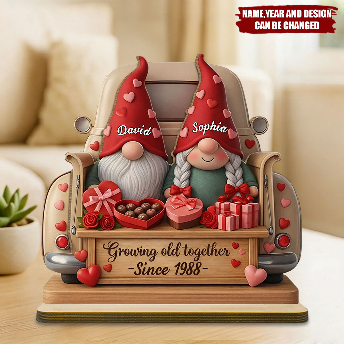 Growing Old Together, Hearts, And Roses - Personalized Standing Wooden Plaque