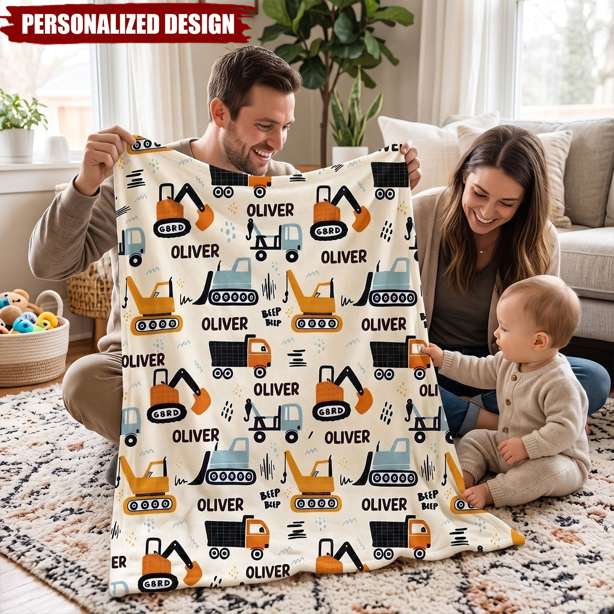 Construction Vehicle Custom Baby Name - Personalized Fleece Blanket