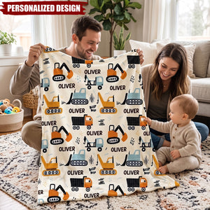 Construction Vehicle Custom Baby Name - Personalized Fleece Blanket