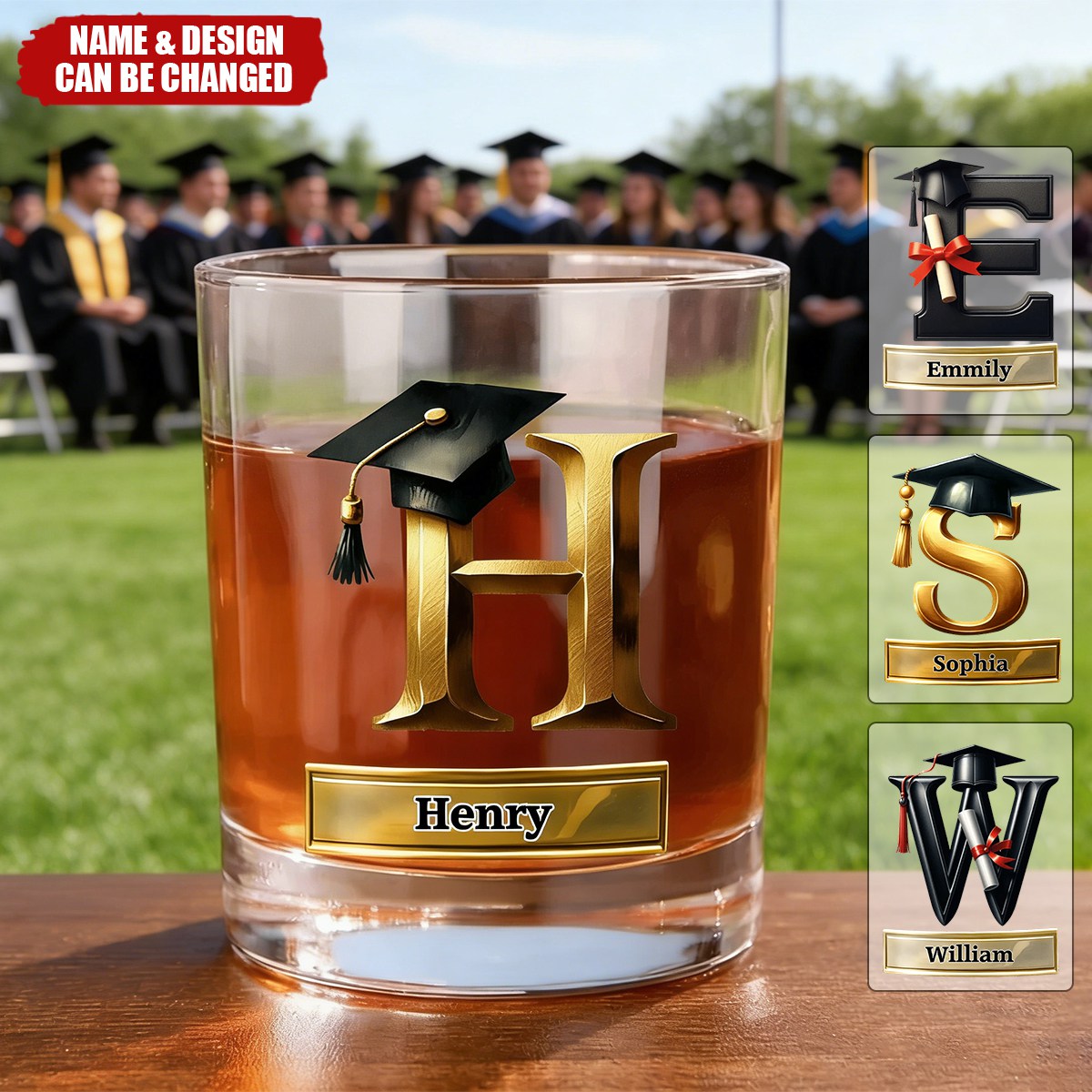 Personalized Graduation Cap Initial Whiskey Glass - Gift For Graduates & Whiskey Lovers