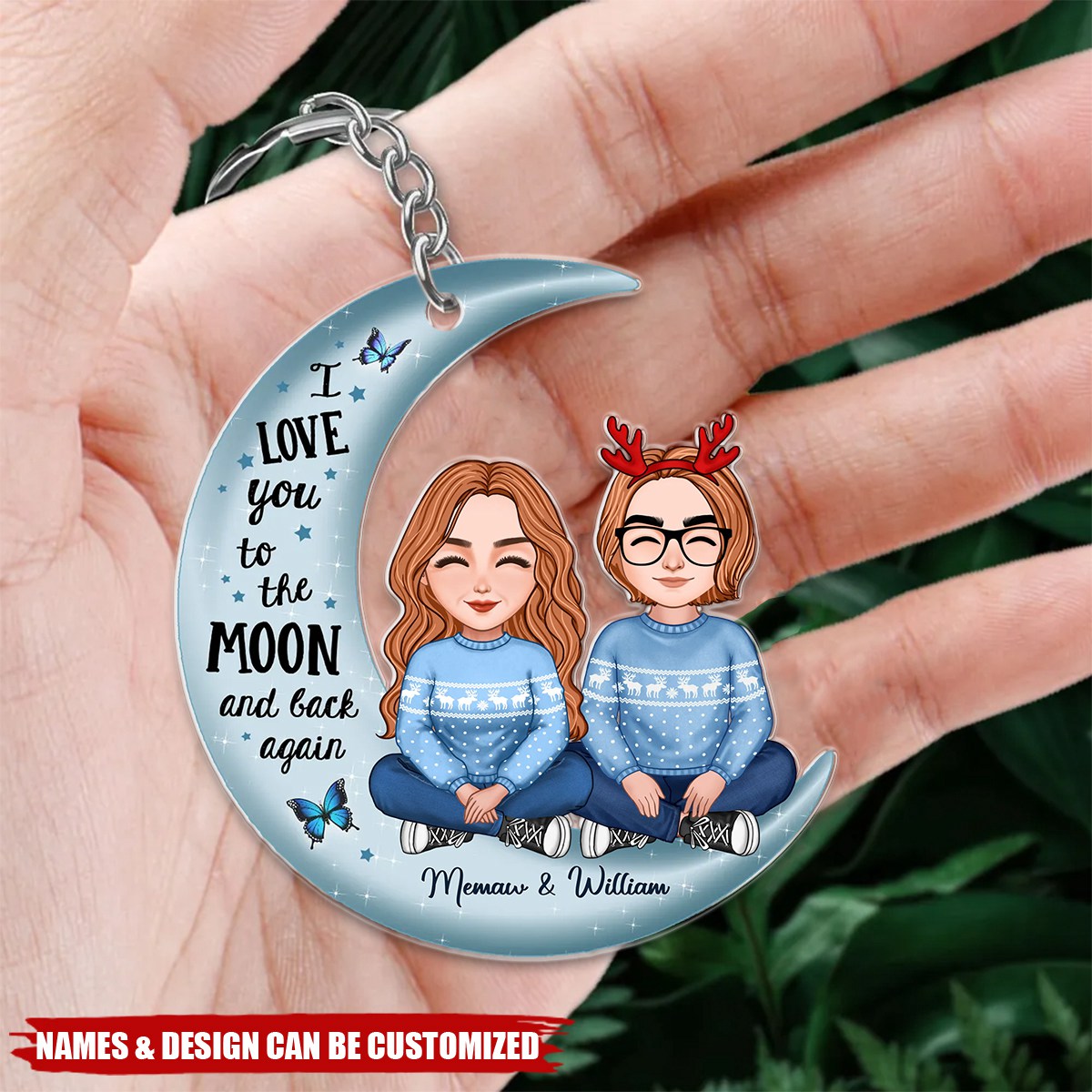Cute Grandma & Teenage Grandkid Granddaughter Grandson On Moon Personalized Acrylic Keychain