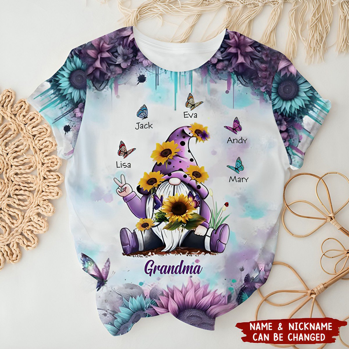 Sunflower Dwarf Grandma With Butterfly Kid Name Personalized 3D Shirt