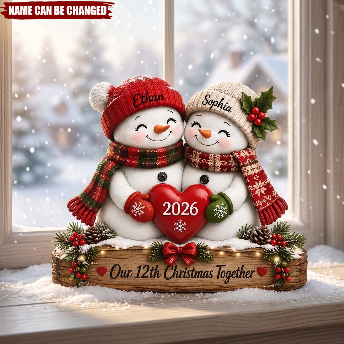 Personalized Couple Snowman Wooden Block: Custom Anniversary Winter Holiday Tabletop Decor Sign