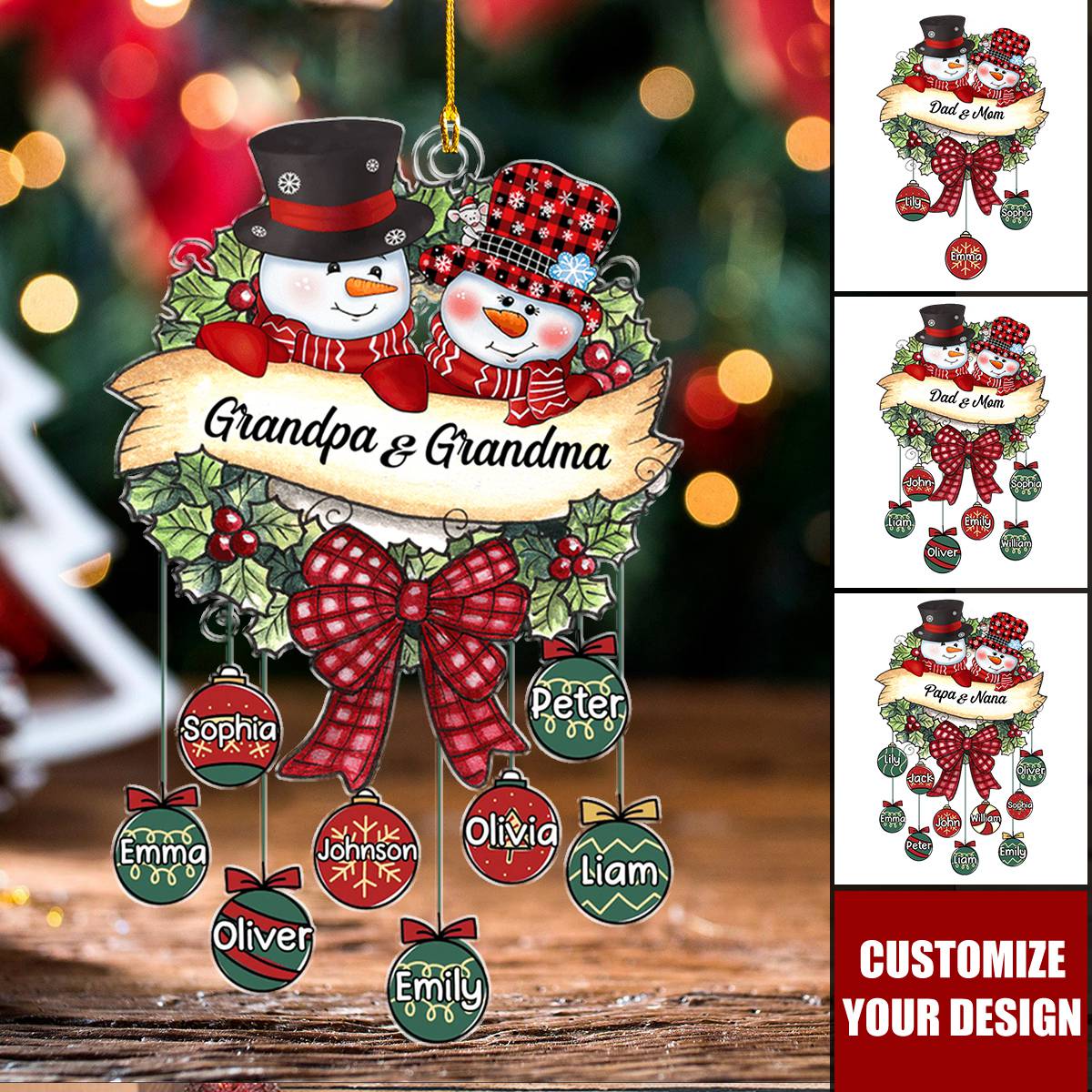 Snowman Grandpa & Grandma Mom & Dad Christmas Ball Kids Personalized Acrylic Ornament
