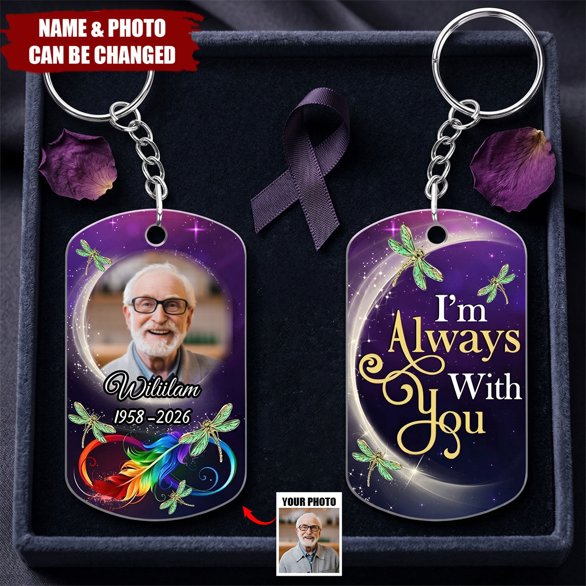 Personalized Stainless Steel Keychain With Memorial Photo, Dragonfly Design, Unique Gift For Family