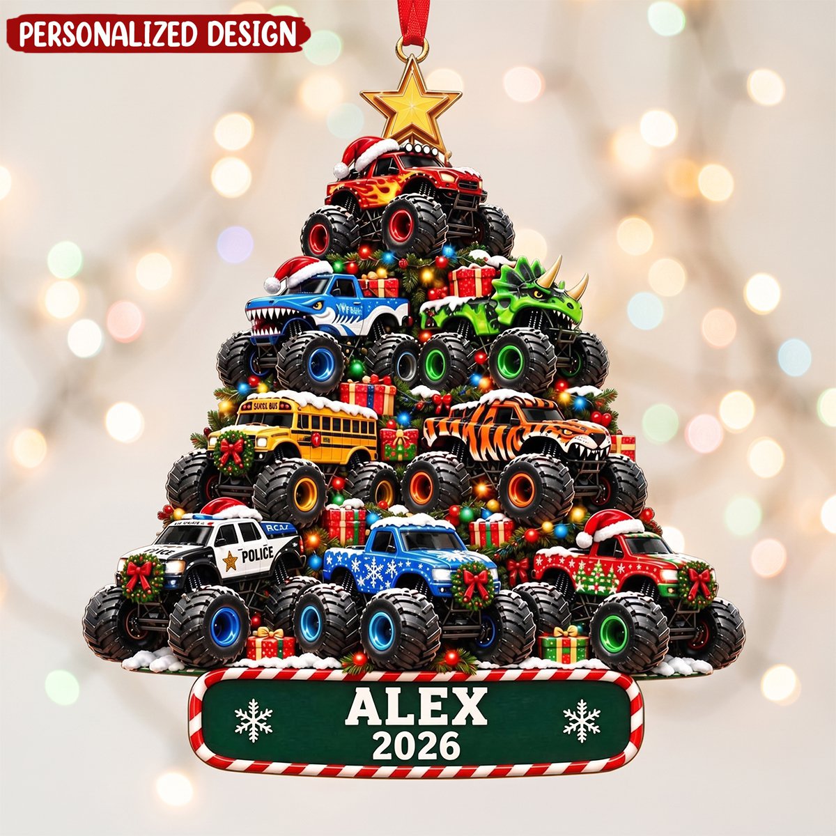 Personalized Monster Truck Acrylic Ornament, Custom Name Christmas Ornament