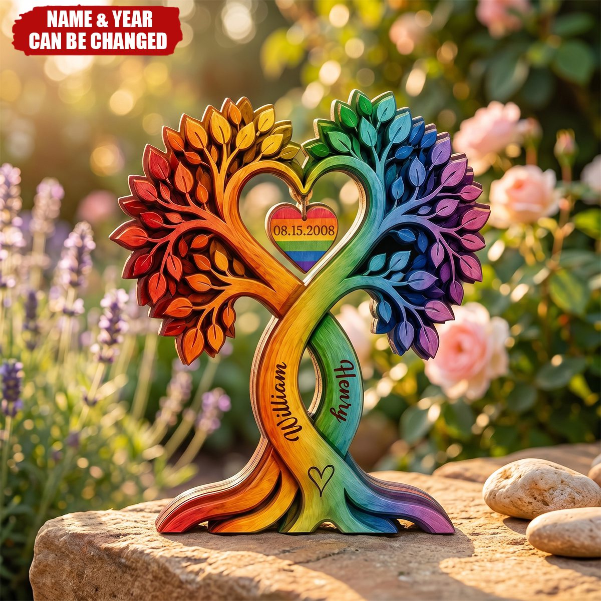 Personalized LGBTQ Family Tree Wooden Block Sign, Custom Rainbow Couple Anniversary Gift