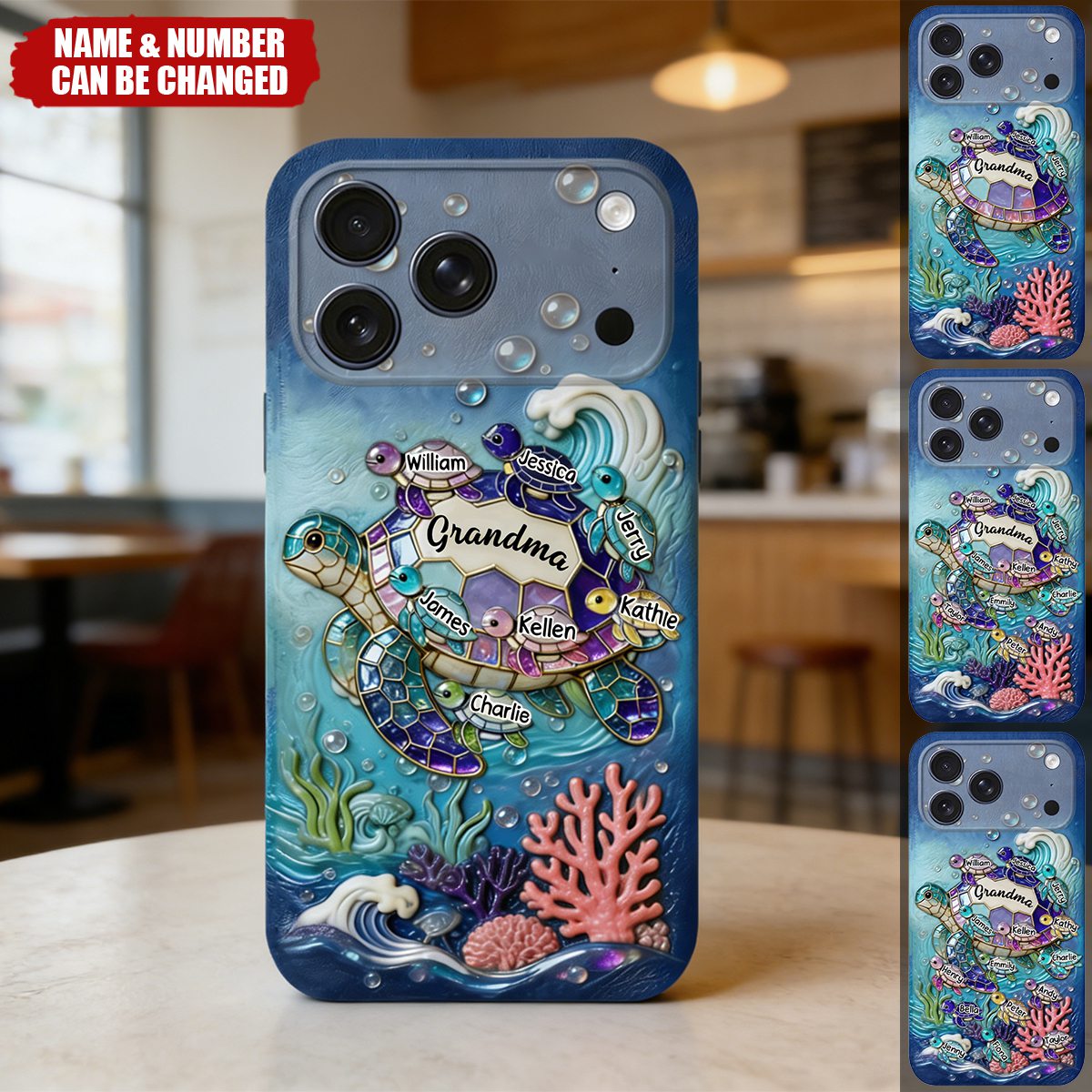 Grandma Turtle - Personalized Turtle 3D Embossed Leather Phone Case