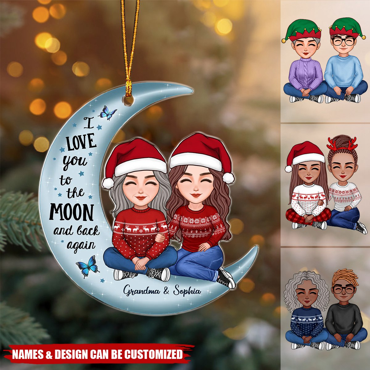 Cute Grandma & Teenage Grandkid Granddaughter Grandson On Moon Personalized Acrylic Ornament