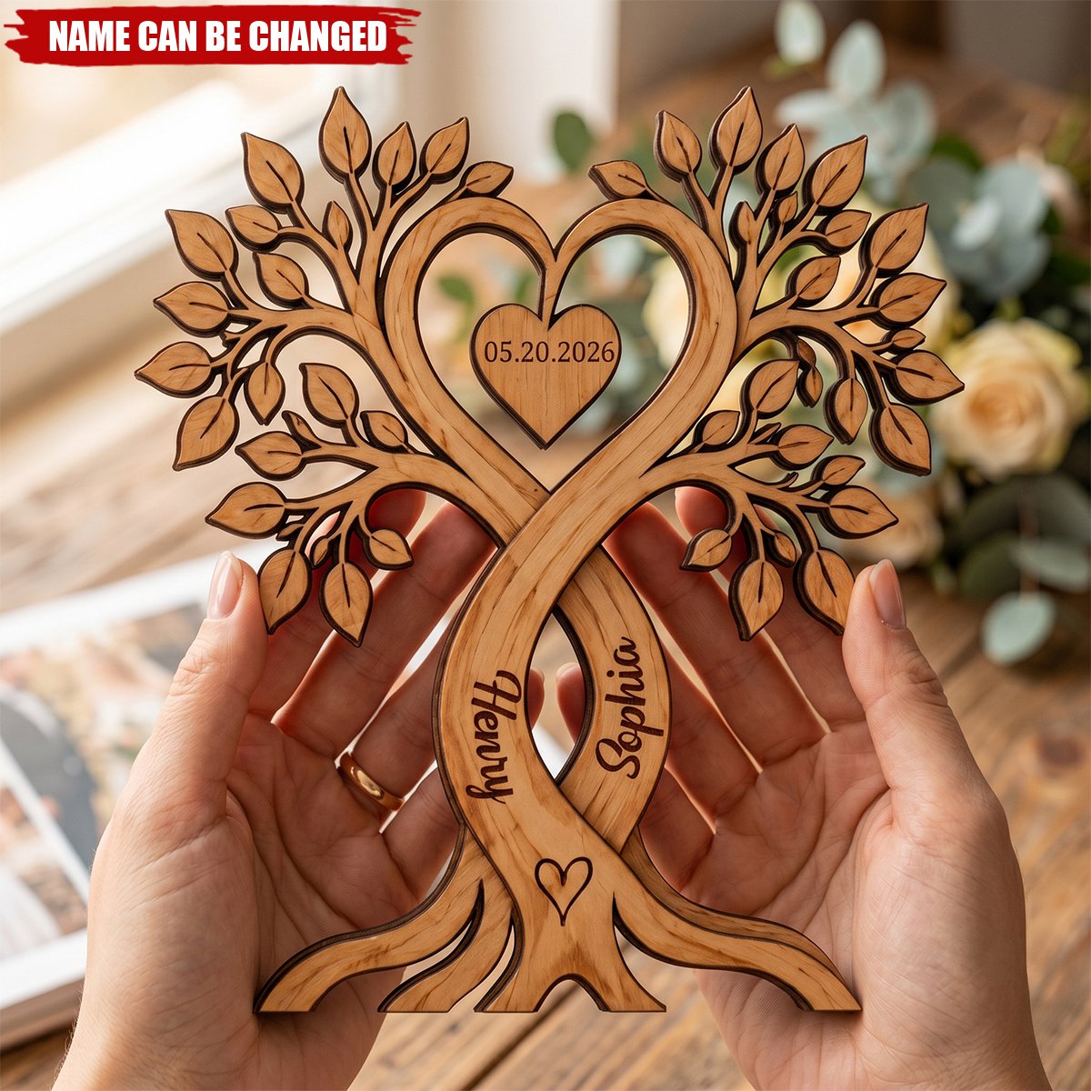 Personalized Couple Heart Tree Wooden Block With Name, Wedding Anniversary Gifts