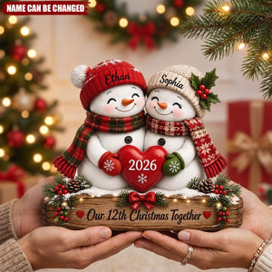 Personalized Couple Snowman Wooden Block: Custom Anniversary Winter Holiday Tabletop Decor Sign