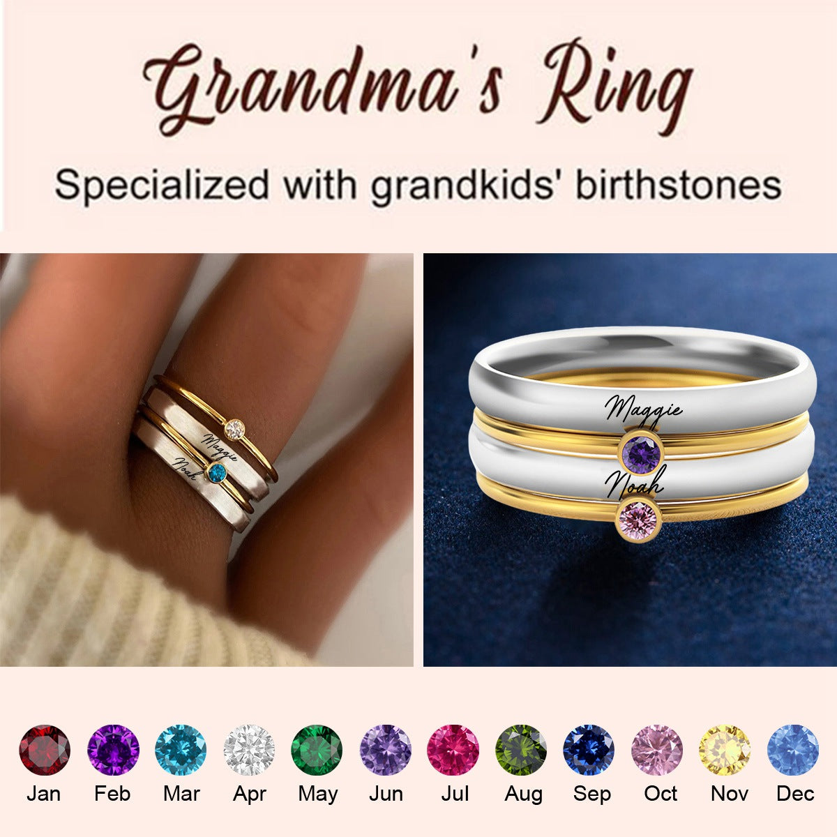 Dainty Stacking Personalized Birthstone Rings, Gift For Grandma Mom