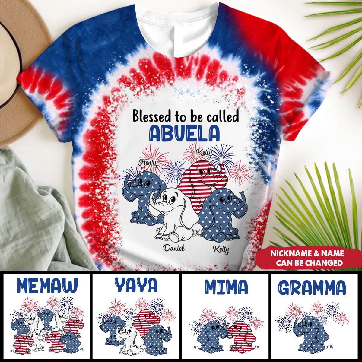 USA July 4th Grandma Mom Elephant Personalized Nickname Names Independence Day Gift 3D T-shirt
