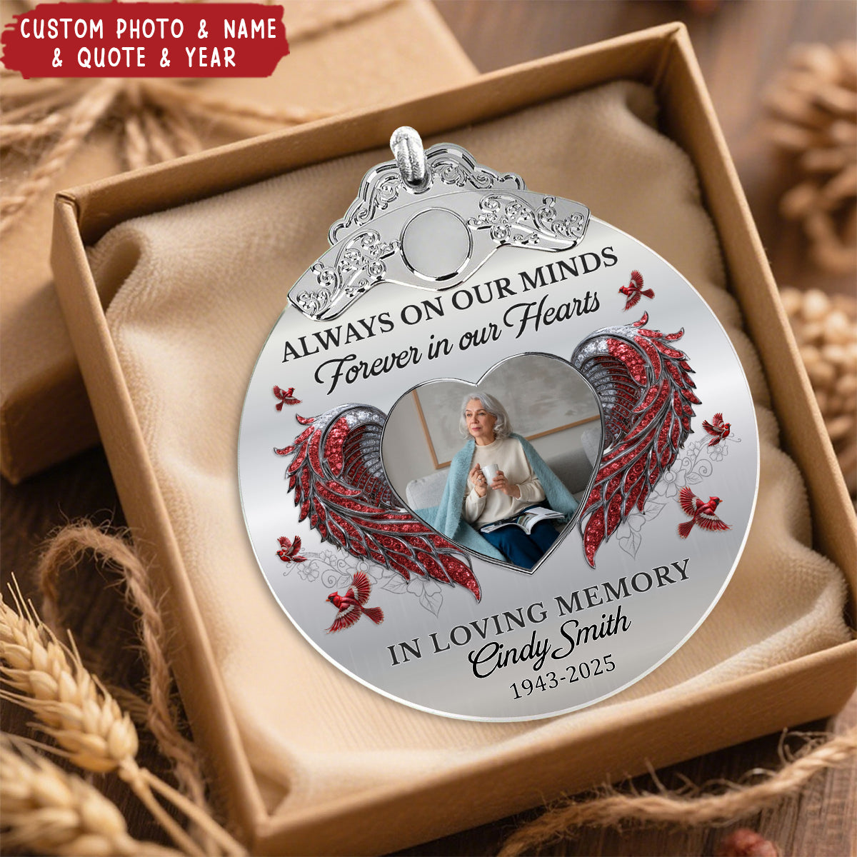 Always On Our Minds Forever In Our Hearts - Personalized Glass Photo Ornament With Silver Cap