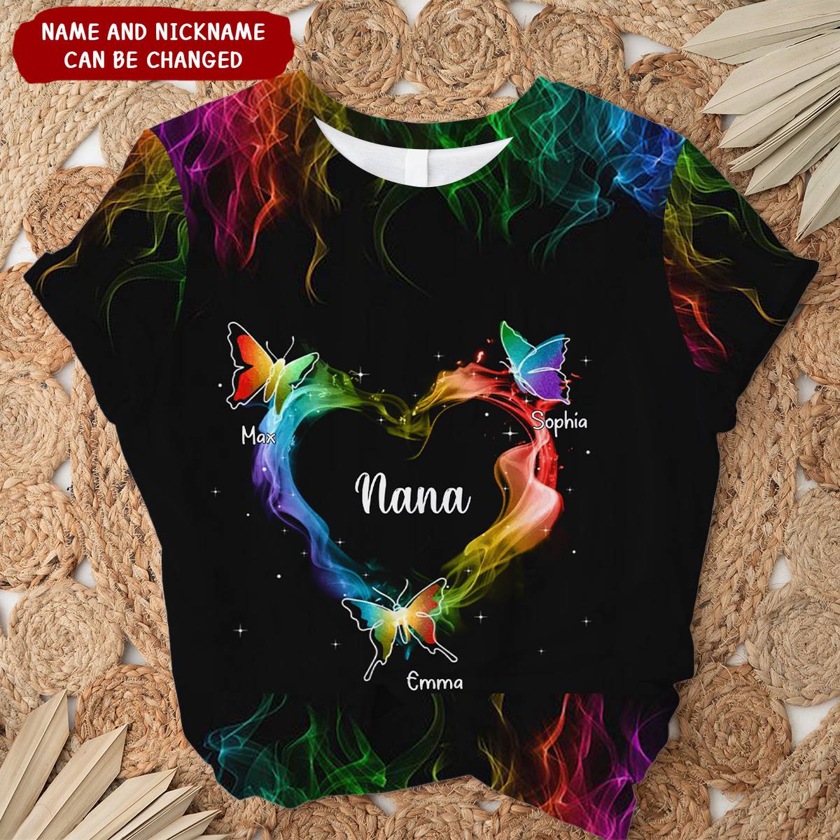 Grandma Mom Colorful Heart Butterflies Personalized 3D T-Shirt