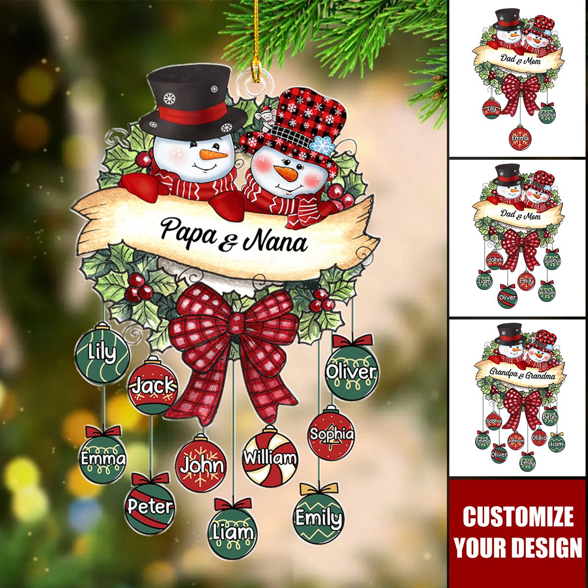 Snowman Grandpa & Grandma Mom & Dad Christmas Ball Kids Personalized Acrylic Ornament