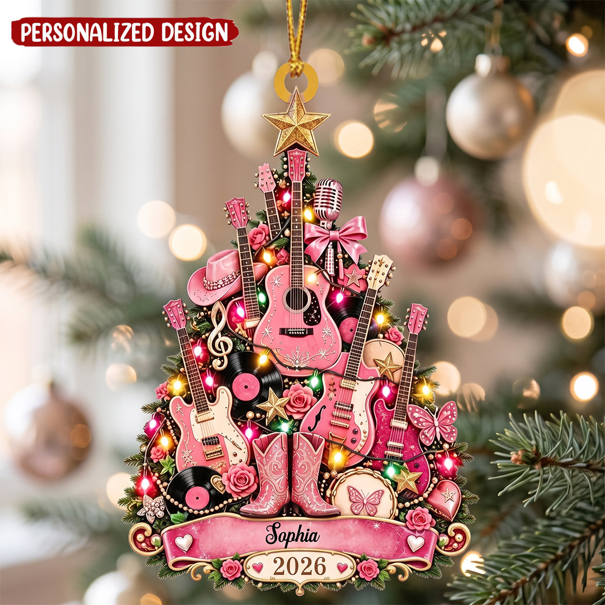 Personalized Country Music Christmas Ornament, Custom Name Pink Guitar Ornament